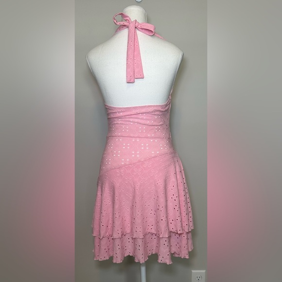 Pink halter dressneck tie twist detail babydoll asymmetrical hem spring summer S - Picture 4 of 7
